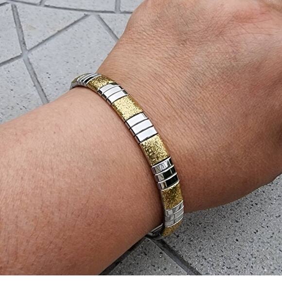 Milor Jewelry - Milor Two Tone Polished Glitter Stainless Steel Stretchy Link Bracelet